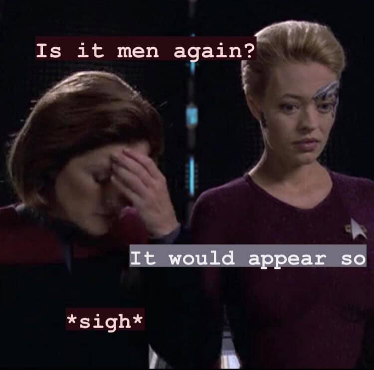 This meme is a humorous take on the Star Trek: The Next Generation episode "The Most Hates" (also known as "The Most Hate-Filled" or "The Most Hates"), where Captain Jean-Luc Picard says "It's not a hate-filled thing, it's a hate thing" in response to a question about the hate-filled thing. The meme is a play on this quote, replacing "hate-filled thing" with "it's a woman". The image shows two characters from Star Trek: The Next Generation, Captain Jean-Luc Picard and Deanna Troi, with the caption "It's not a woman, it's a woman" in a mocking tone.